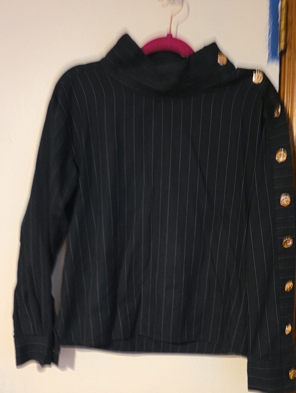 LOFT Black Pinstripe Turtleneck Sweater with Gold Buttons